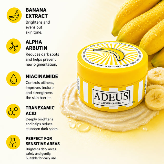  Adeus Dark Spot Correcting Cream for Intimate Areas and Body – 3.52 oz (100g). Ingredients graphic featuring Alpha Arbutin, Niacinamide, Tranexamic Acid, Vitamin C, and Hyaluronic Acid – Buy now at MKPBR.COM – Worldwide Shipping