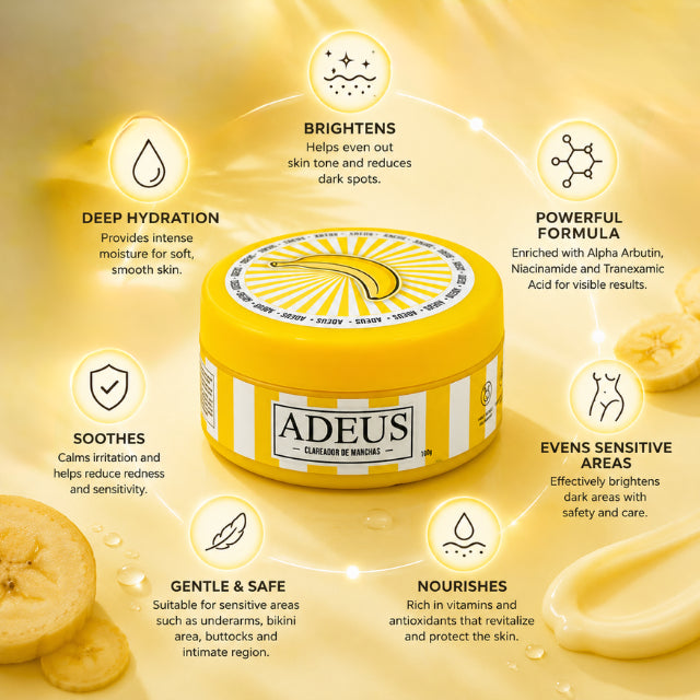 Adeus Dark Spot Correcting Cream for Intimate Areas and Body – 3.52 oz (100g). Clinical results infographic showing 98% brighter underarms, 90% clearer bikini area, visible results in 7 days – Buy now at MKPBR.COM – Worldwide Shipping