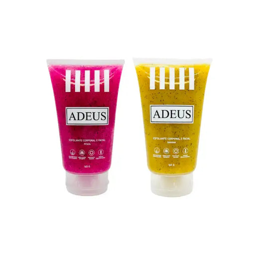 A clean studio shot of the Adeus Duo Exfoliator Kit, featuring the pink pitaya and yellow banana skin renewal and brightening scrubs, each 165g, displayed on a pure white background– Buy now at MKPBR.COM – Worldwide Shipping