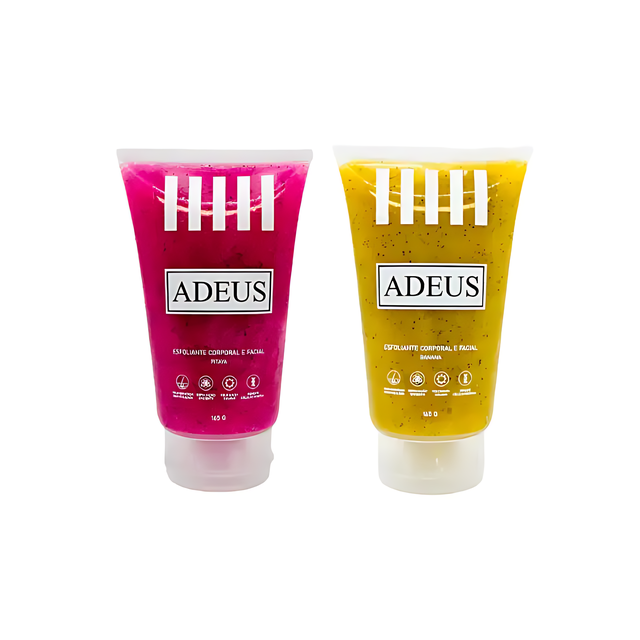 A clean studio shot of the Adeus Duo Exfoliator Kit, featuring the pink pitaya and yellow banana skin renewal and brightening scrubs, each 165g, displayed on a pure white background– Buy now at MKPBR.COM – Worldwide Shipping