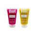 A clean studio shot of the Adeus Duo Exfoliator Kit, featuring the pink pitaya and yellow banana skin renewal and brightening scrubs, each 165g, displayed on a pure white background– Buy now at MKPBR.COM – Worldwide Shipping