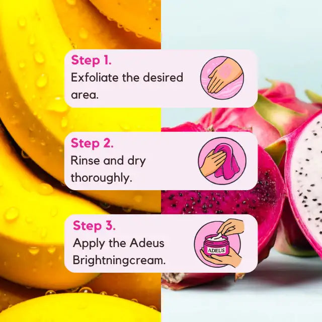 Step-by-step instructions for using the Adeus Duo Exfoliator Kit: Exfoliate, Rinse & Dry, and Apply Adeus Brightening Cream, depicted with vibrant banana and pitaya fruit backgrounds– Buy now at MKPBR.COM – Worldwide Shipping