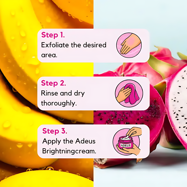 Step-by-step instructions for using the Adeus Duo Exfoliator Kit: Exfoliate, Rinse & Dry, and Apply Adeus Brightening Cream, depicted with vibrant banana and pitaya fruit backgrounds– Buy now at MKPBR.COM – Worldwide Shipping