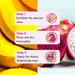 Step-by-step instructions for using the Adeus Duo Exfoliator Kit: Exfoliate, Rinse & Dry, and Apply Adeus Brightening Cream, depicted with vibrant banana and pitaya fruit backgrounds– Buy now at MKPBR.COM – Worldwide Shipping