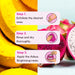 Step-by-step instructions for using the Adeus Duo Exfoliator Kit: Exfoliate, Rinse & Dry, and Apply Adeus Brightening Cream, depicted with vibrant banana and pitaya fruit backgrounds– Buy now at MKPBR.COM – Worldwide Shipping