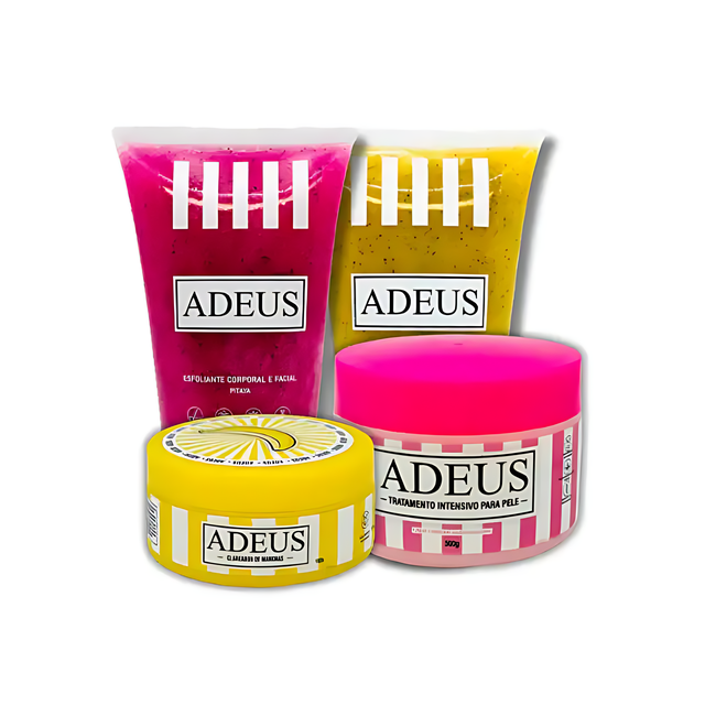 Adeus Mega Transformation Kit – Complete Skin Renewal, Brightening & Firming Set. Clean studio product shot of all four items for e-commerce (Cellulite Cream, Dark Spot Cream, Pitaya Exfoliator, Banana Exfoliator) – Buy now at MKPBR.COM – Worldwide Shipping