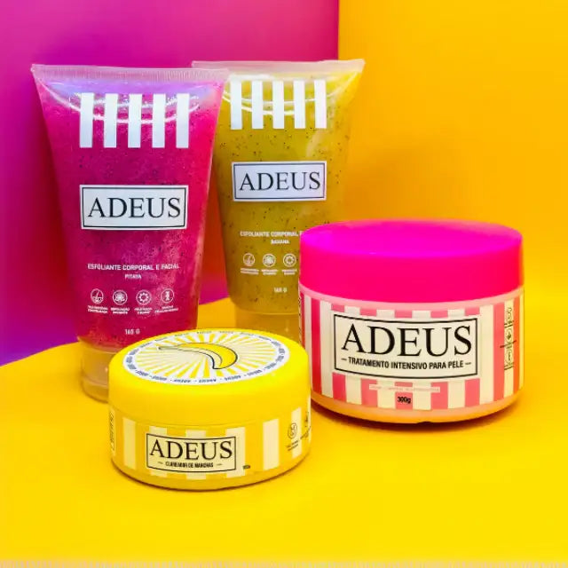 Adeus Mega Transformation Kit – Complete Skin Renewal, Brightening & Firming Set. All four products displayed against a vibrant, colorful background, showcasing the full collection – Buy now at MKPBR.COM – Worldwide Shipping