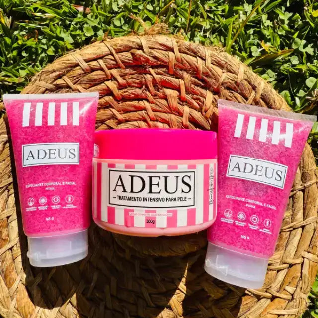 Adeus Mega Transformation Kit – Complete Skin Renewal, Brightening & Firming Set. Multi-Action Intensive Body Cream and Pitaya Exfoliator prominent, alongside other kit products, on a luxurious background – Buy now at MKPBR.COM – Worldwide Shipping