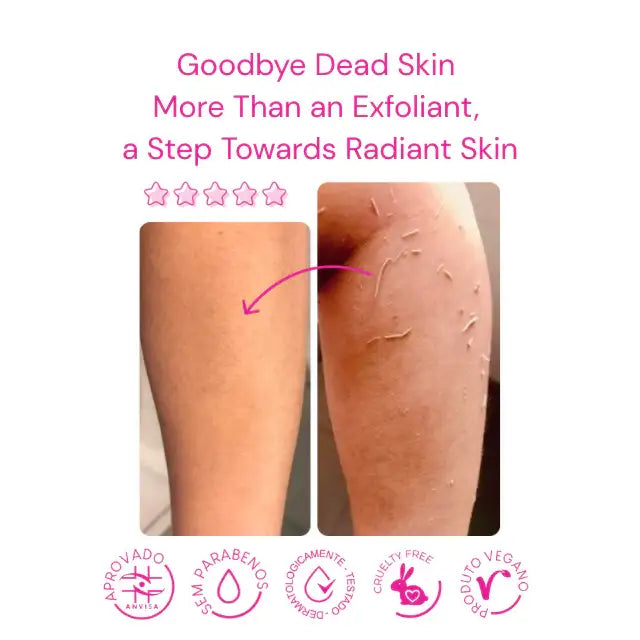 Adeus Pitaya Skin Renewal Exfoliator – Smoothing Body & Face Scrub, 5.82 oz (165g) - Before and after image showing effective exfoliation and certified logos for product credibility – Buy now at MKPBR.COM – Worldwide Shipping