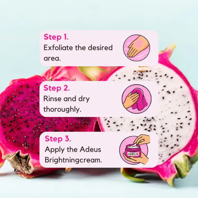 Adeus Pitaya Skin Renewal Exfoliator – Smoothing Body & Face Scrub, 5.82 oz (165g) - Step-by-step usage guide with a vibrant pitaya background for easy instructions – Buy now at MKPBR.COM – Worldwide Shipping