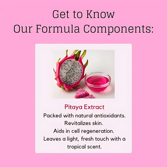 Adeus Pitaya Skin Renewal Exfoliator – Smoothing Body & Face Scrub, 5.82 oz (165g) - Graphic explaining Pitaya Extract benefits: natural antioxidants, revitalizes skin, aids cell regeneration, tropical scent – Buy now at MKPBR.COM – Worldwide Shipping