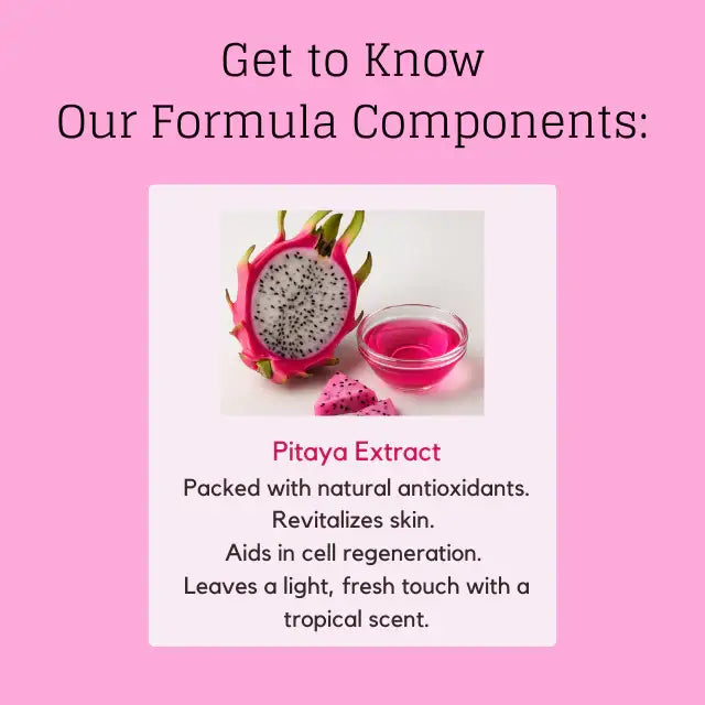 Adeus Pitaya Skin Renewal Exfoliator – Smoothing Body & Face Scrub, 5.82 oz (165g) - Graphic explaining Pitaya Extract benefits: natural antioxidants, revitalizes skin, aids cell regeneration, tropical scent – Buy now at MKPBR.COM – Worldwide Shipping