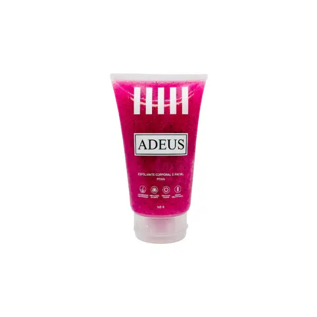 Adeus Pitaya Skin Renewal Exfoliator – Smoothing Body & Face Scrub, 5.82 oz (165g) - Front view of single transparent tube, revealing pink scrub, against a clean background – Buy now at MKPBR.COM – Worldwide Shipping