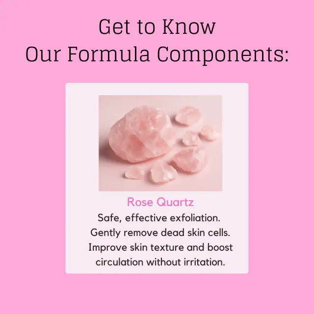 Adeus Pitaya Skin Renewal Exfoliator – Smoothing Body & Face Scrub, 5.82 oz (165g) - Graphic detailing Rose Quartz benefits: safe exfoliation, dead skin removal, improved texture, circulation – Buy now at MKPBR.COM – Worldwide Shipping