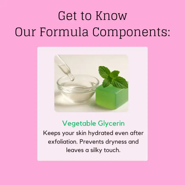 Adeus Pitaya Skin Renewal Exfoliator – Smoothing Body & Face Scrub, 5.82 oz (165g) - Graphic explaining Vegetable Glycerin benefits: keeps skin hydrated, prevents dryness, leaves silky touch – Buy now at MKPBR.COM – Worldwide Shipping