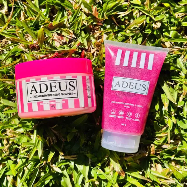 Adeus Skin Renewal & Firming Duo Kit – Pitaya Exfoliator & Cellulite Cream. Both products from the bundle displayed in a serene natural setting – Buy now at MKPBR.COM – Worldwide Shipping