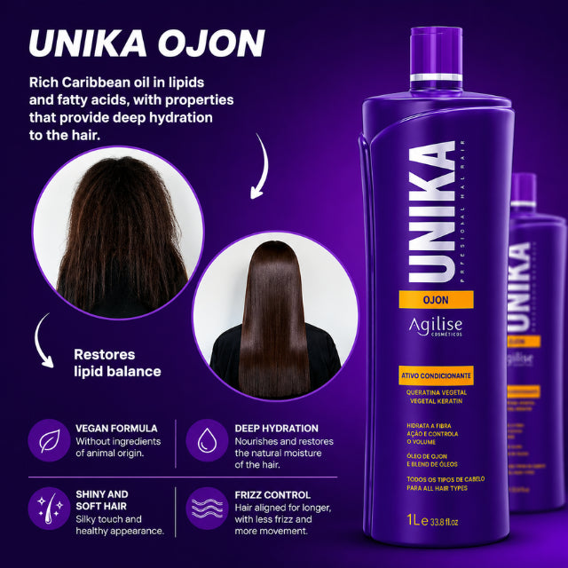Agilise Cosméticos Unika Ojon Brazilian Thermal Realignment Cream 250g showcasing the disulfide bond rebuilding plex technology – Buy now at MKPBR.COM – Worldwide Shipping