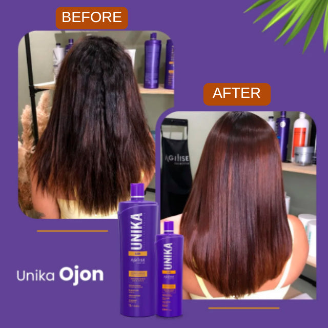 Agilise Cosméticos Unika Ojon Hair Straightening Cream 1L before and after hair alignment comparison – Buy now at MKPBR.COM – Worldwide Shipping