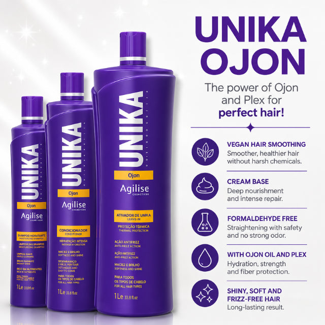 Agilise Cosméticos Unika Ojon Hair Straightening Cream 1L explaining the disulfide bond rebuilding plex technology – Buy now at MKPBR.COM – Worldwide Shipping