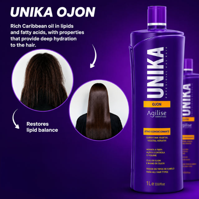 Agilise Cosméticos Unika Ojon Hair Straightening Cream 1L on a clean minimalist background for e-commerce – Buy now at MKPBR.COM – Worldwide Shipping