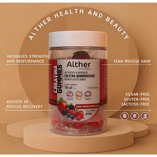 ALTHER Creatine Gummies 30-Count – 0.11 oz (3 g) Creatine per Gummy | Grape or Red Berries, daily one-per-day routine concept – Buy now at MKPBR.COM – Worldwide Shipping
