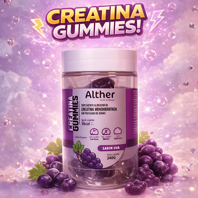 ALTHER Creatine Gummies 30-Count – 0.11 oz (3 g) Creatine per Gummy | Grape or Red Berries, front packaging view – Buy now at MKPBR.COM – Worldwide Shipping
