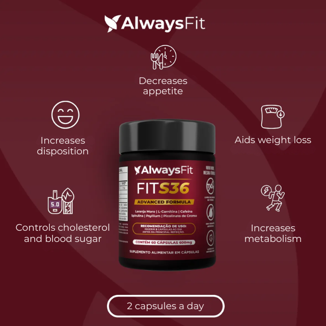 Always Fit FitS36 Daily Metabolic Balance Complex – 60 Capsules, Brazilian wellness supplement – Buy now at MKPBR.COM – Worldwide Shipping
