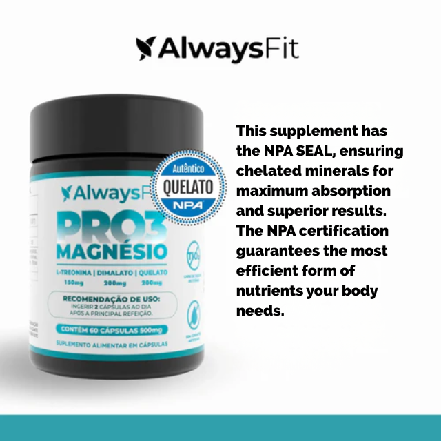 Always Fit Pro3Magnesium Triple‑Source Formula – 60 Capsules, Brazilian wellness supplement – Buy now at MKPBR.COM – Worldwide Shipping
