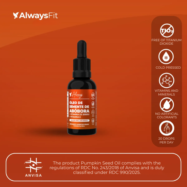 Always Fit Pumpkin Seed Oil + Vitamin D3 & E Daily Nourishment Drops – 1.01 fl oz, Brazilian wellness supplement – Buy now at MKPBR.COM – Worldwide Shipping