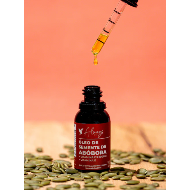 Always Fit Pumpkin Seed Oil + Vitamin D3 & E Daily Nourishment Drops – 1.01 fl oz, dropper close‑up – Buy now at MKPBR.COM – Worldwide Shipping