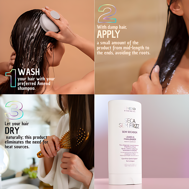 Amend Essencial Seca Sem Frizz Leave-In Cream (Air-Dry Anti-Frizz), 6.35 oz (180 g) Brazilian hair care flatlay for modern wellness routine – Buy now at MKPBR.COM – Worldwide Shipping