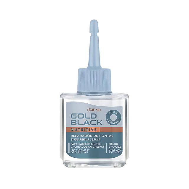 Amend Gold Black Nutritive Hair Repair Serum for Shine, Softness & Split Ends, 1.01 fl oz (30 ml) front bottle for polished finishing – Buy now at MKPBR.COM – Worldwide Shipping