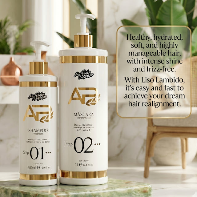 The essential Ana Paula Carvalho Liso Lambido smoothing mask and preparation shampoo professional duo – Buy now at MKPBR.COM – Worldwide Shipping