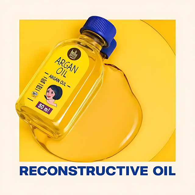 Lola Argan Oil Reconstructive Oil 50ml bottle Brazilian hair treatment on yellow surface – MKPBR.COM