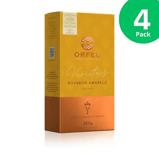 4-Pack Orfeu Bourbon Amarelo Ground Coffee – 100% Arabica, Lively Citrus Zest, Medium-Light Roast – 4 x 8.82 oz (250g) – Extended Varietal Experience – The 4-pack of Orfeu Bourbon Amarelo Ground Coffee showcasing its varietal distinction and quality. – Buy now at MKPBR.COM – Worldwide Shipping