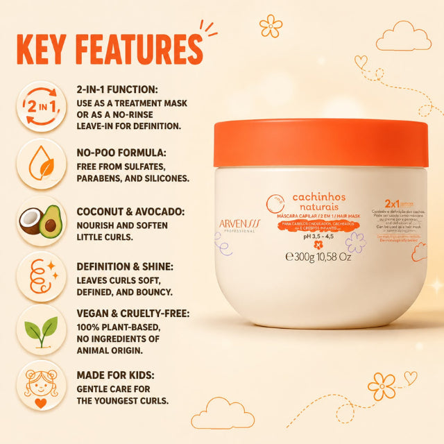 Arvensis Cachinhos Naturais Kids 2-in-1 Mask & Leave-In No-Poo Sulfate, Paraben and Silicone Free – Buy now at MKPBR.COM – Worldwide Shipping