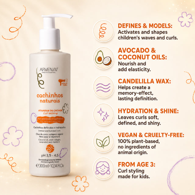 Arvensis Cachinhos Naturais Kids Curl Activator No-Rinse Styling Cream for Children – Buy now at MKPBR.COM – Worldwide Shipping