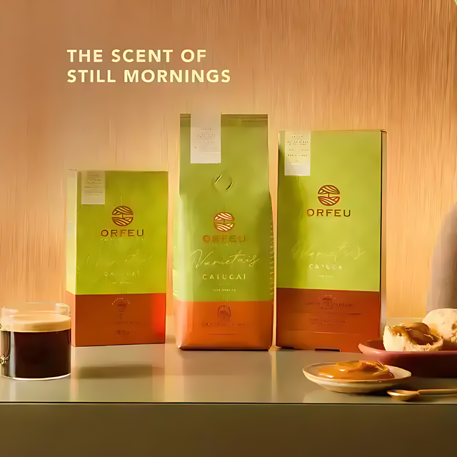 Orfeu Catucaí Coffee – A lifestyle flat lay featuring the Orfeu Catucaí Coffee packages, a brewed cup, and food, creating an inviting scene. – Buy now at MKPBR.COM – Worldwide Shipping