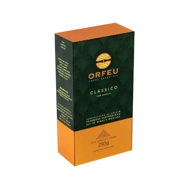 Orfeu Classic Ground Coffee – 100% Arabica, Floral, Fruity & Caramel Notes, Medium Roast – 8.82 oz (250g) – The Orfeu Classic Ground Coffee bag with various sustainability logos visible, reinforcing its eco-friendly credentials. – Buy now at MKPBR.COM – Worldwide Shipping