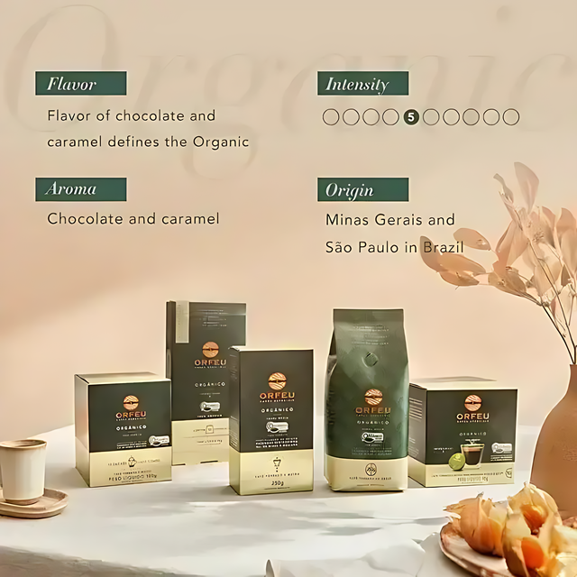 Orfeu Organic Coffee – 100% Arabica, Chocolate & Caramel Notes, Medium Roast – A detailed image of Orfeu Organic packages, emphasizing the whole collection– Buy now at MKPBR.COM – Worldwide Shipping