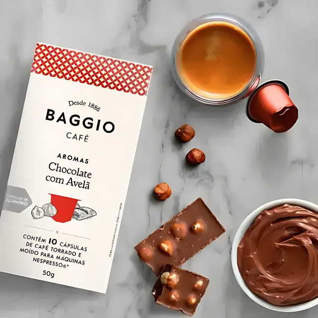 MKPBR Wellness offering Baggio Café Chocolate Hazelnut Nespresso capsules, a premium flavored coffee from Brazil. – Buy now at MKPBR.COM – Worldwide Shipping
