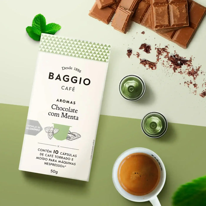 MKPBR Wellness offering Baggio Café Chocolate Mint Nespresso capsules, a premium flavored coffee from Brazil. – Buy now at MKPBR.COM – Worldwide Shipping