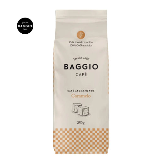Baggio Café Caramel Specialty Flavored Ground Coffee bag, showcasing rich caramel aroma. – Buy now at MKPBR.COM – Worldwide Shipping