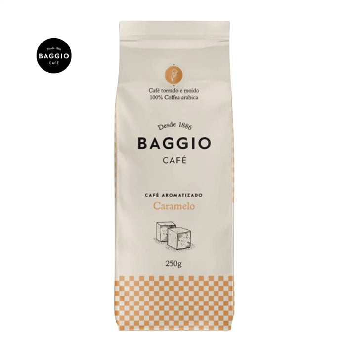 Baggio Café Caramel Specialty Flavored Ground Coffee bag, showcasing rich caramel aroma. – Buy now at MKPBR.COM – Worldwide Shipping