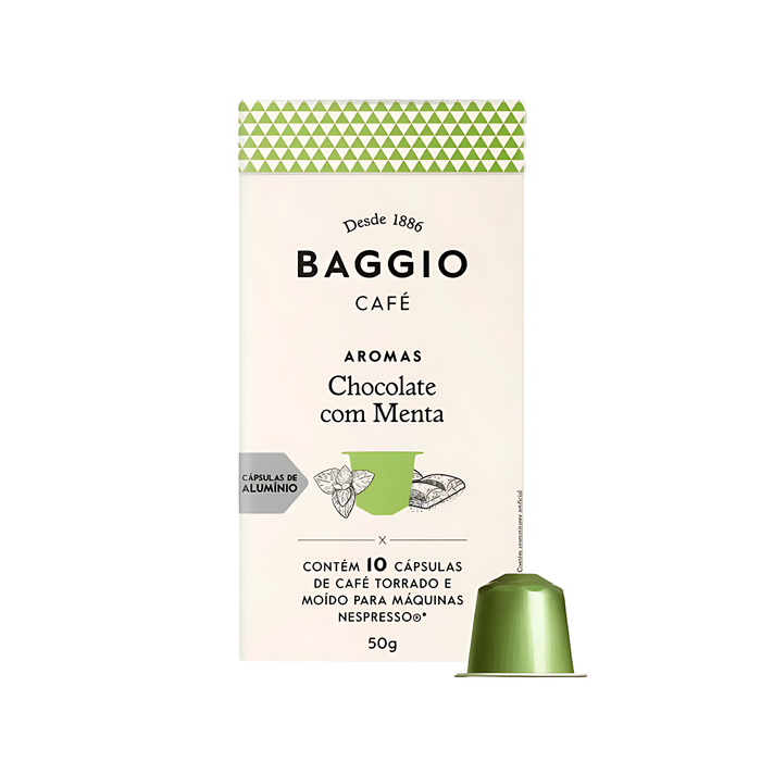 Baggio Café Chocolate Mint Nespresso compatible coffee capsules, 10 count, showcasing refreshing aroma. – Buy now at MKPBR.COM – Worldwide Shipping