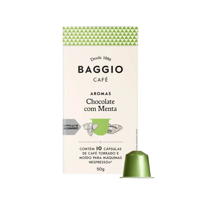 Baggio Café Chocolate Mint Nespresso compatible coffee capsules, 10 count, showcasing refreshing aroma. – Buy now at MKPBR.COM – Worldwide Shipping