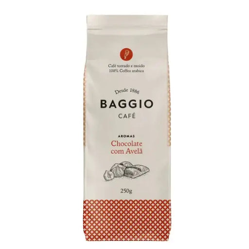Baggio Café Chocolate Hazelnut Specialty Flavored Ground Coffee bag, showcasing rich aroma. – Buy now at MKPBR.COM – Worldwide Shipping