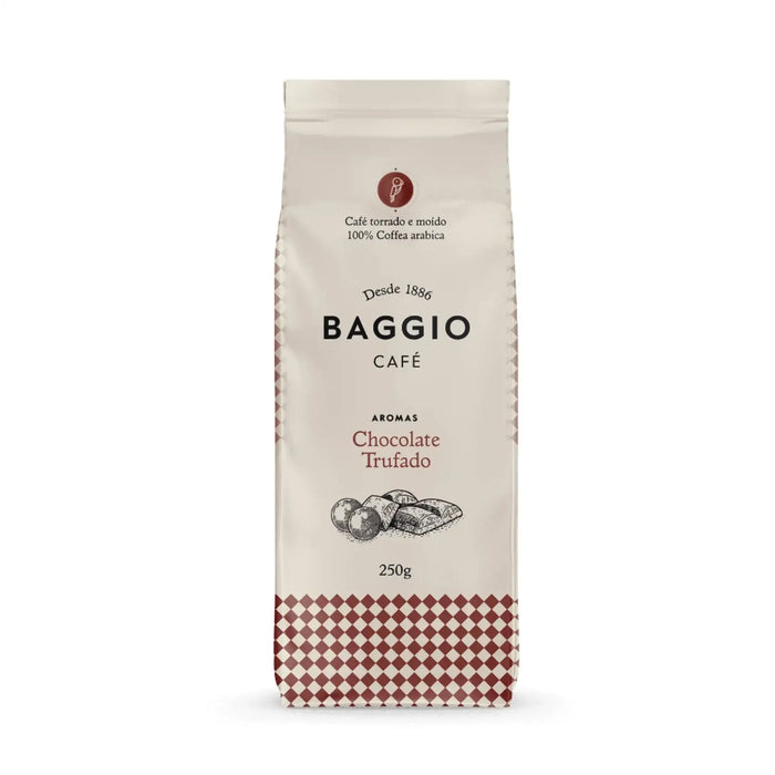 Baggio Café Chocolate Truffle Specialty Flavored Ground Coffee bag, showcasing rich aroma. – Buy now at MKPBR.COM – Worldwide Shipping