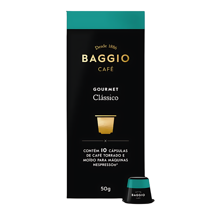 Baggio Café Clássico Nespresso compatible coffee capsules, 10 count, showcasing balanced flavor. – Buy now at MKPBR.COM – Worldwide Shipping