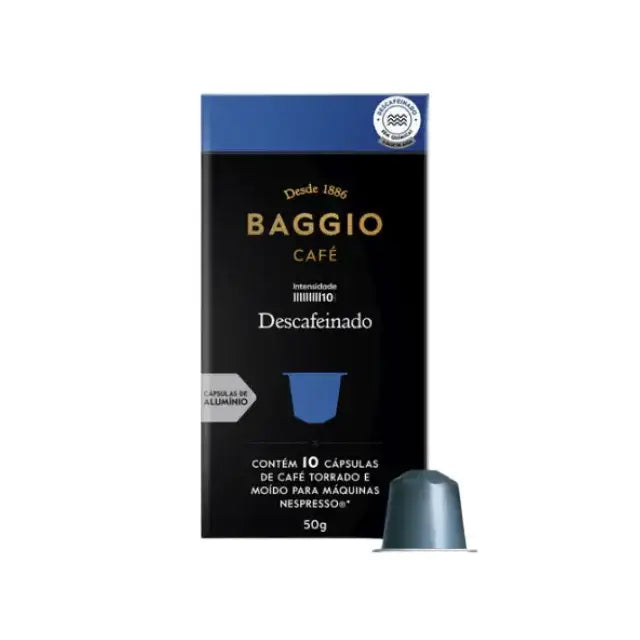 Baggio Café Decaffeinated Nespresso compatible coffee capsules, 10 count, showcasing rich decaf flavor. – Buy now at MKPBR.COM – Worldwide Shipping

